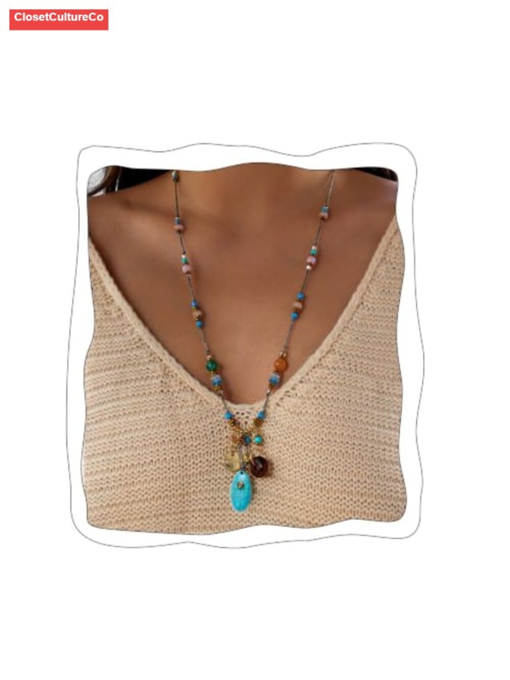 Boho Long Beaded Necklace Turquoise Pendant Women's Statement Jewelry